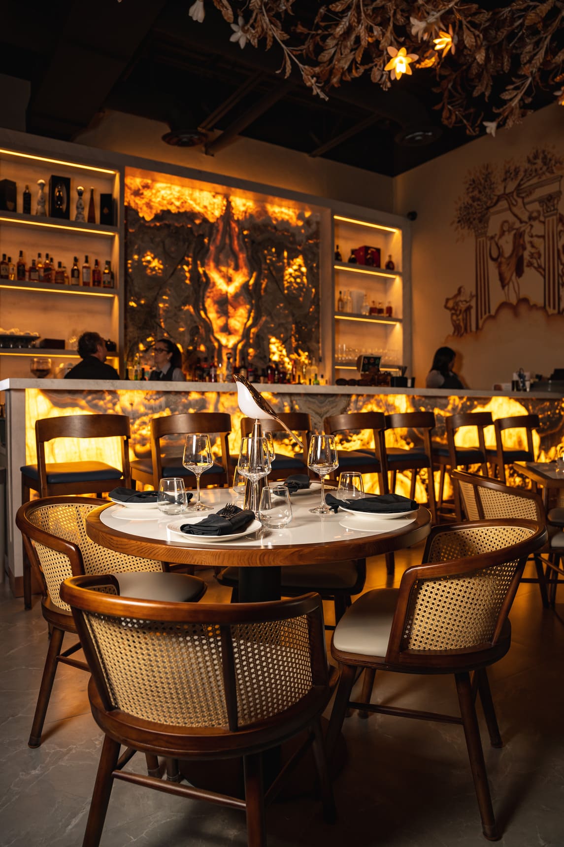 The room in the evening, bar behind